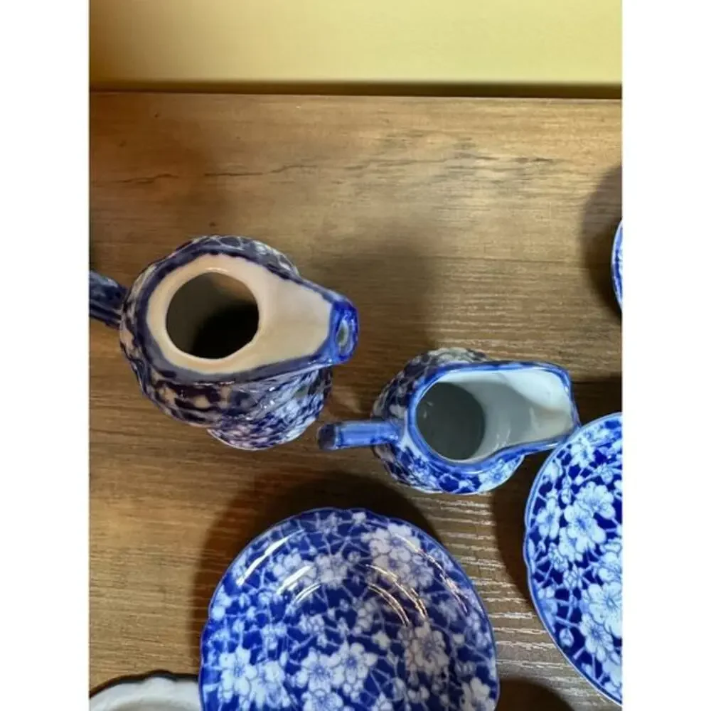 Victoria Ware Stoneware Small‎ Tea Cups Saucers Sugar Creamer Cobalt Flue Floral